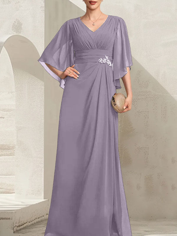 Etui-Linie/Säule V-Ausschnitt Bodenlang Chiffon Kleid für die Brautmutter mit Plissee Pailletten Perlenbesatz