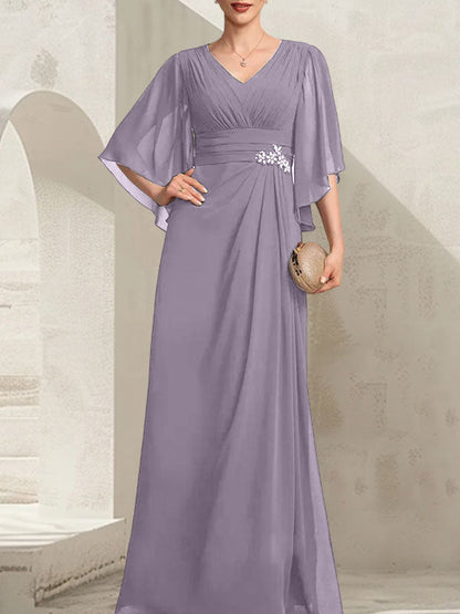 Etui-Linie/Säule V-Ausschnitt Bodenlang Chiffon Kleid für die Brautmutter mit Plissee Pailletten Perlenbesatz