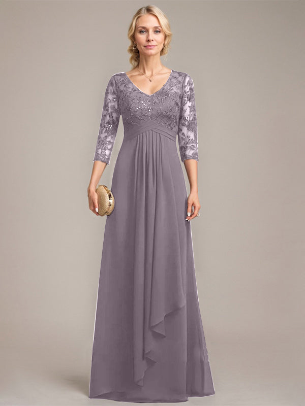 A-Linie V-Ausschnitt Bodenlanges Spitzen-Chiffon-Kleid für die Brautmutter mit kaskadierenden Rüschen und Pailletten 