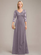 A-Linie V-Ausschnitt Bodenlanges Spitzen-Chiffon-Kleid für die Brautmutter mit kaskadierenden Rüschen und Pailletten 