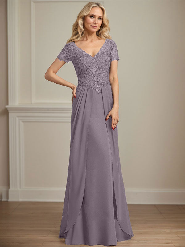 Vestido de gasa con encaje y escote en V hasta el suelo para madre de la novia