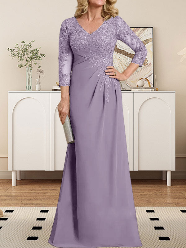 Vestido de madre de la novia de gasa con encaje, escote en V, ilusión, largo hasta el suelo, con lentejuelas plisadas