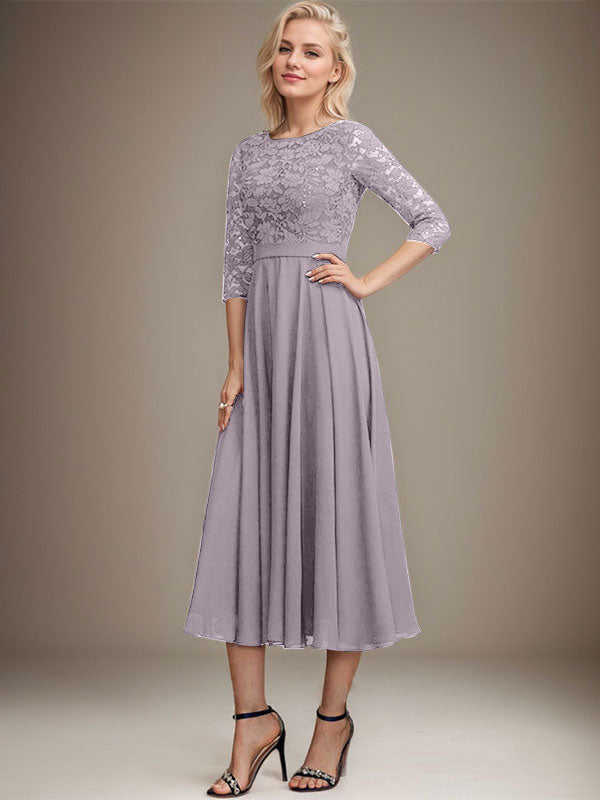 Vestido de gasa con encaje y lentejuelas para madre de la novia, corte A, escote redondo y largo hasta la rodilla