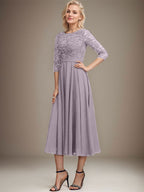 Vestido de gasa con encaje y lentejuelas para madre de la novia, corte A, escote redondo y largo hasta la rodilla