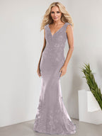 Vestido de novia de gasa con encaje, escote en V y largo hasta el suelo, con apliques de lentejuelas, estilo sirena