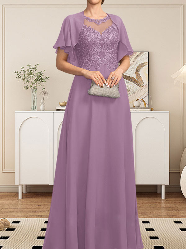 Vestido de gasa con encaje y lentejuelas para madre de la novia, corte A, escote ilusión, largo hasta el suelo