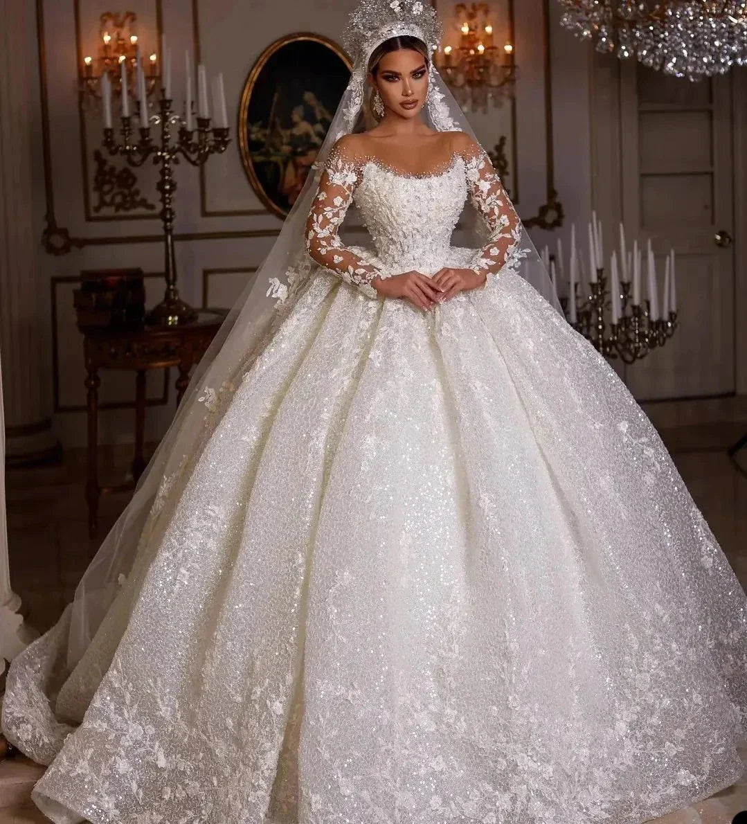 Women's Luxury Lace Wedding Dresses Dubai Long Sleeves Sequins Beads Sheer Neck Appliques Glitter Tulle Bride Gowns Vestido Noiv-payinti