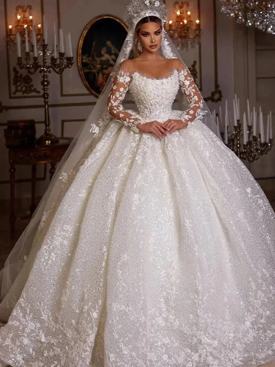 Women's Luxury Lace Wedding Dresses Dubai Long Sleeves Sequins Beads Sheer Neck Appliques Glitter Tulle Bride Gowns Vestido Noiv-payinti
