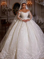 Women's Luxury Lace Wedding Dresses Dubai Long Sleeves Sequins Beads Sheer Neck Appliques Glitter Tulle Bride Gowns Vestido Noiv-payinti