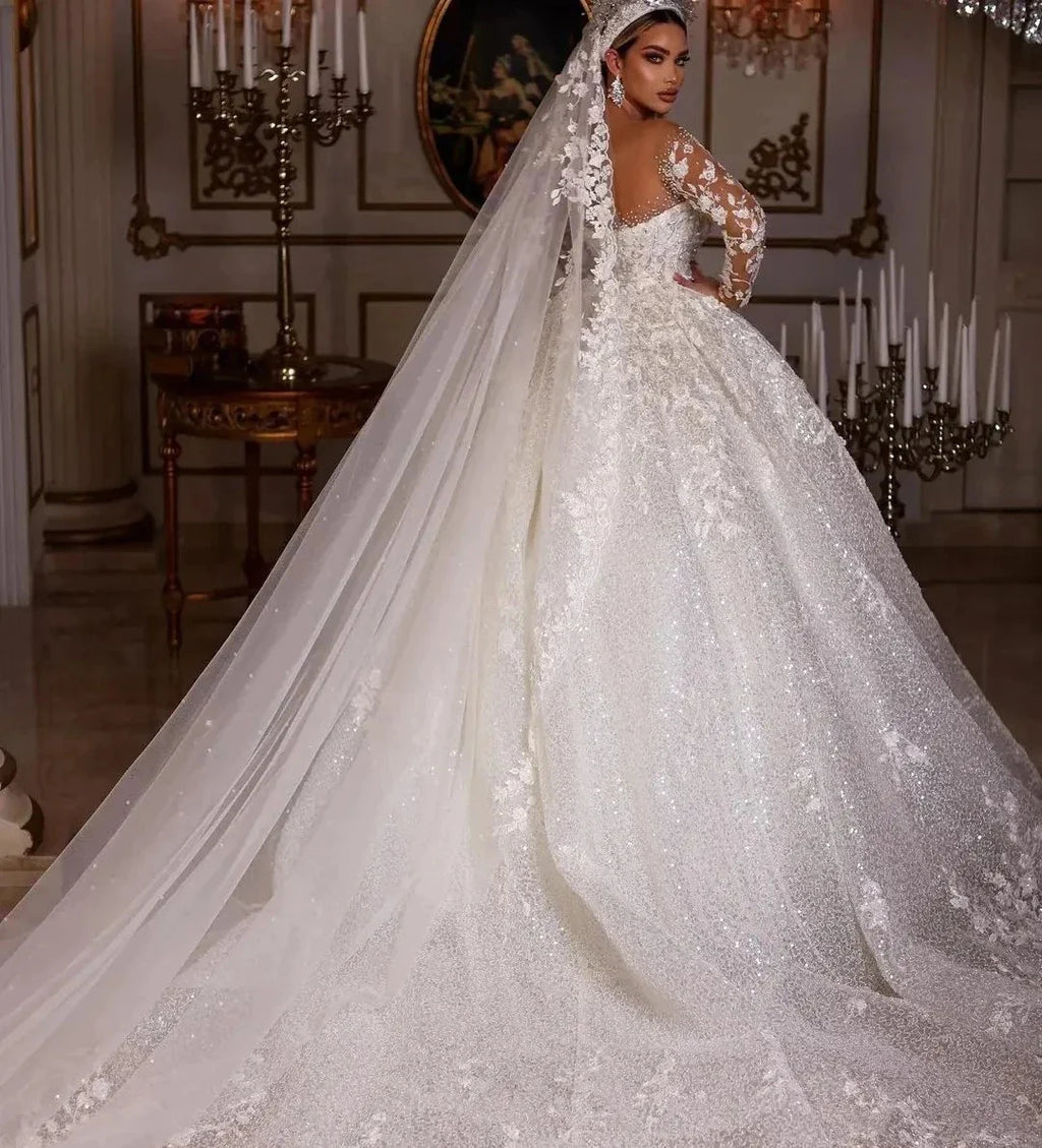 Women's Luxury Lace Wedding Dresses Dubai Long Sleeves Sequins Beads Sheer Neck Appliques Glitter Tulle Bride Gowns Vestido Noiv-payinti
