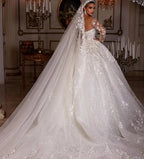 Women's Luxury Lace Wedding Dresses Dubai Long Sleeves Sequins Beads Sheer Neck Appliques Glitter Tulle Bride Gowns Vestido Noiv-payinti