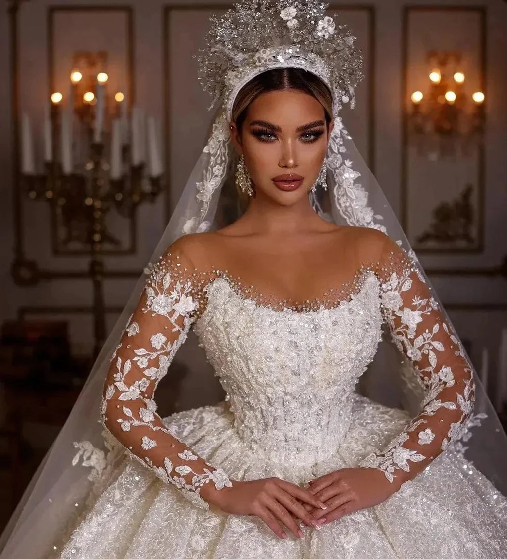 Women's Luxury Lace Wedding Dresses Dubai Long Sleeves Sequins Beads Sheer Neck Appliques Glitter Tulle Bride Gowns Vestido Noiv-payinti