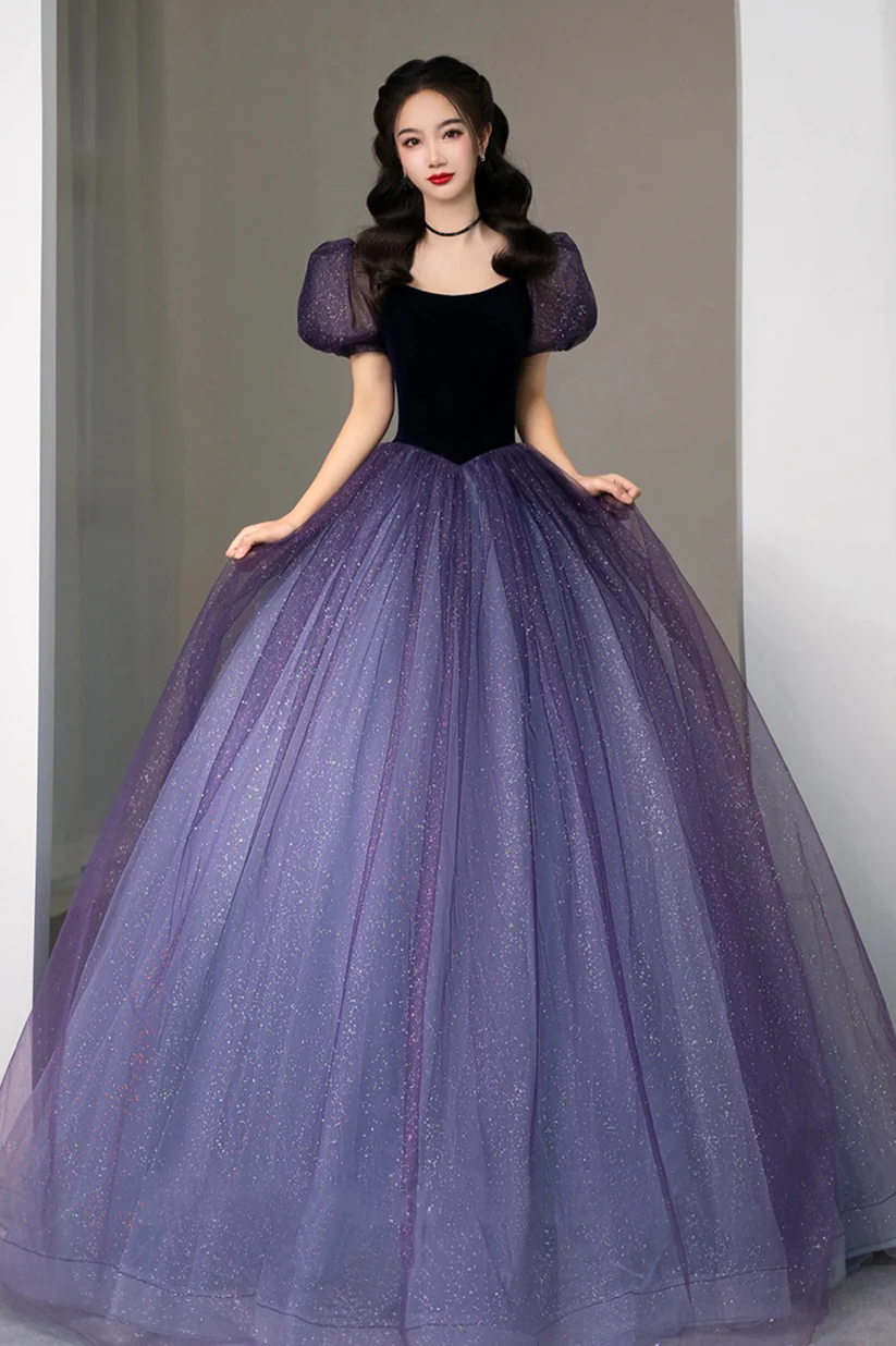 Lila Tüll Kurzarm Abendkleid Süßes A-Linie Abendkleid Y4291
