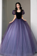Lila Tüll Kurzarm Abendkleid Süßes A-Linie Abendkleid Y4291