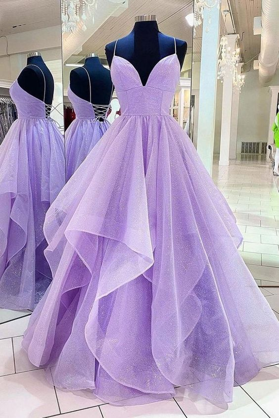 Vestido de fiesta largo de tul morado con corte A, precioso vestido de noche formal con tirantes finos Y1178