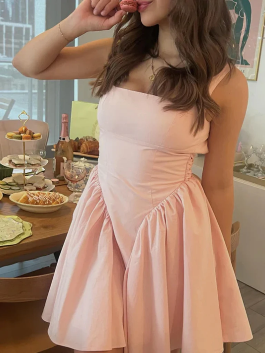 Schlichtes kurzes rosa Satin-Ballkleid, offenes Rückenkleid für die Heimkehr Y7850