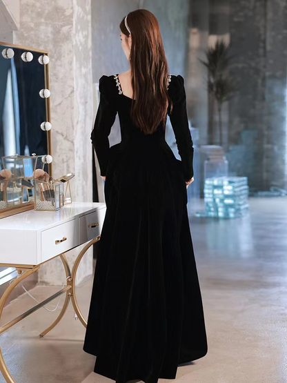 Schwarzes Abendkleid, High Sense Samt Langarm Abendkleid, maßgeschneiderte Y2934
