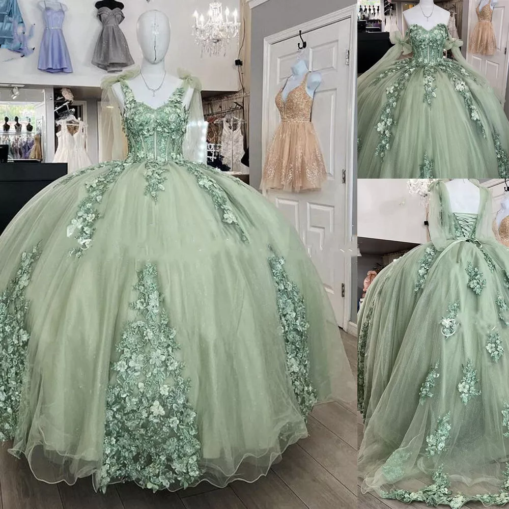 Damen Spaghetti Quinceanera Ballkleid Spitzenapplikation für Sweet 15 16 Kleider Y3038