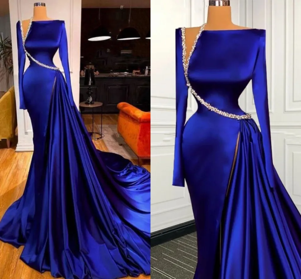 Elegantes vestidos de noche azul real modestos Y4193