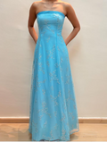 Vestido de noche azul brillante sin tirantes con lentejuelas y corte en A, vestido de fiesta Y8140