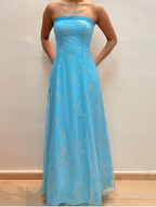Vestido de noche azul brillante sin tirantes con lentejuelas y corte en A, vestido de fiesta Y8140