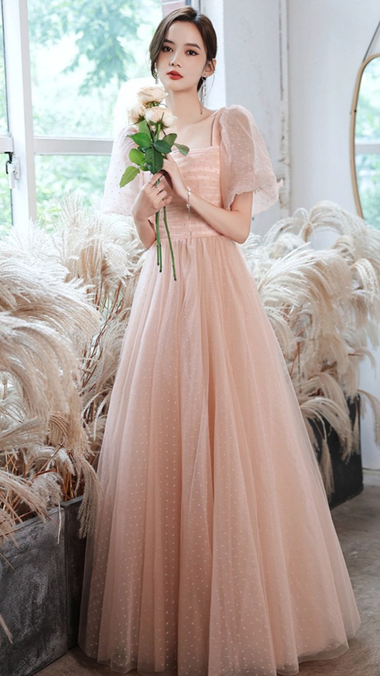 Rosa Tüll langes A-Linie Ballkleid rosa Abendkleid Y1926