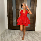 Rotes Pailletten-Abgestuftes Homecoming-Kleid, Partykleid zum 18. Geburtstag, Y2444