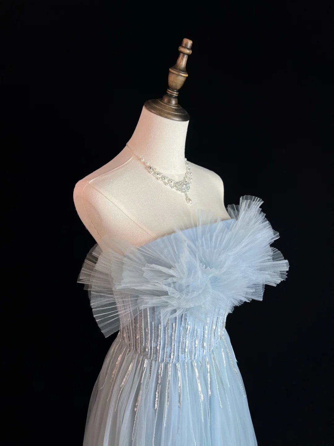 Elegante vestido de fiesta de tul azul con lentejuelas y cuentas, corte en A, vestido de noche Y8646