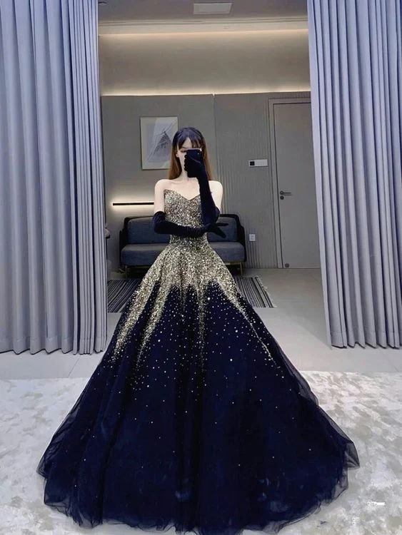 Vestido de fiesta de tul azul con escote corazón y brillantes para dulces 16 Y102