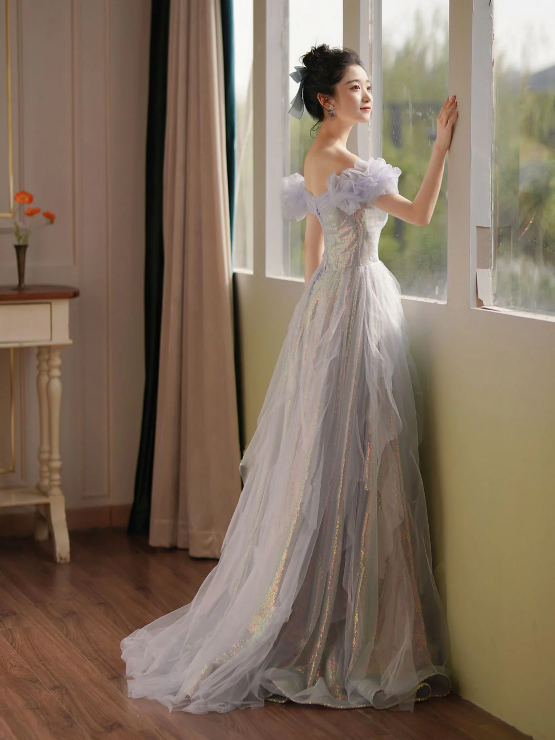 Purple Off Shoulder Sequin Tulle Long Prom Dress Purple Formal Evening Dresses Y4659