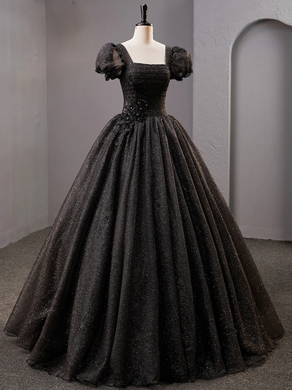 Schwarzes langes Ballkleid aus Tüll mit quadratischem Ausschnitt, glänzendes schwarzes Abendkleid Y4386