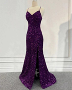 Vestido de fiesta morado oscuro con lentejuelas y corte sirena, vestido de noche formal con abertura Y7212