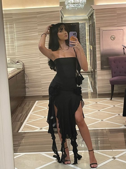 Vestido de noche negro con volantes y corte entallado, de gasa, sin tirantes, Y7765