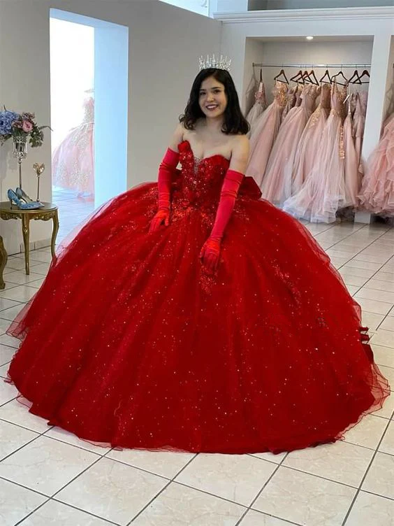 Vestidos de quinceañera rojos con escote corazón y apliques de encaje, vestidos de 16 años, vestidos de gala Y179