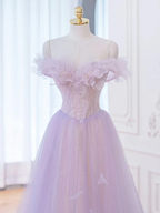 A-Line Purple Off Shoulder Long Prom Dress, Purple Formal Evening Dresses Y1783