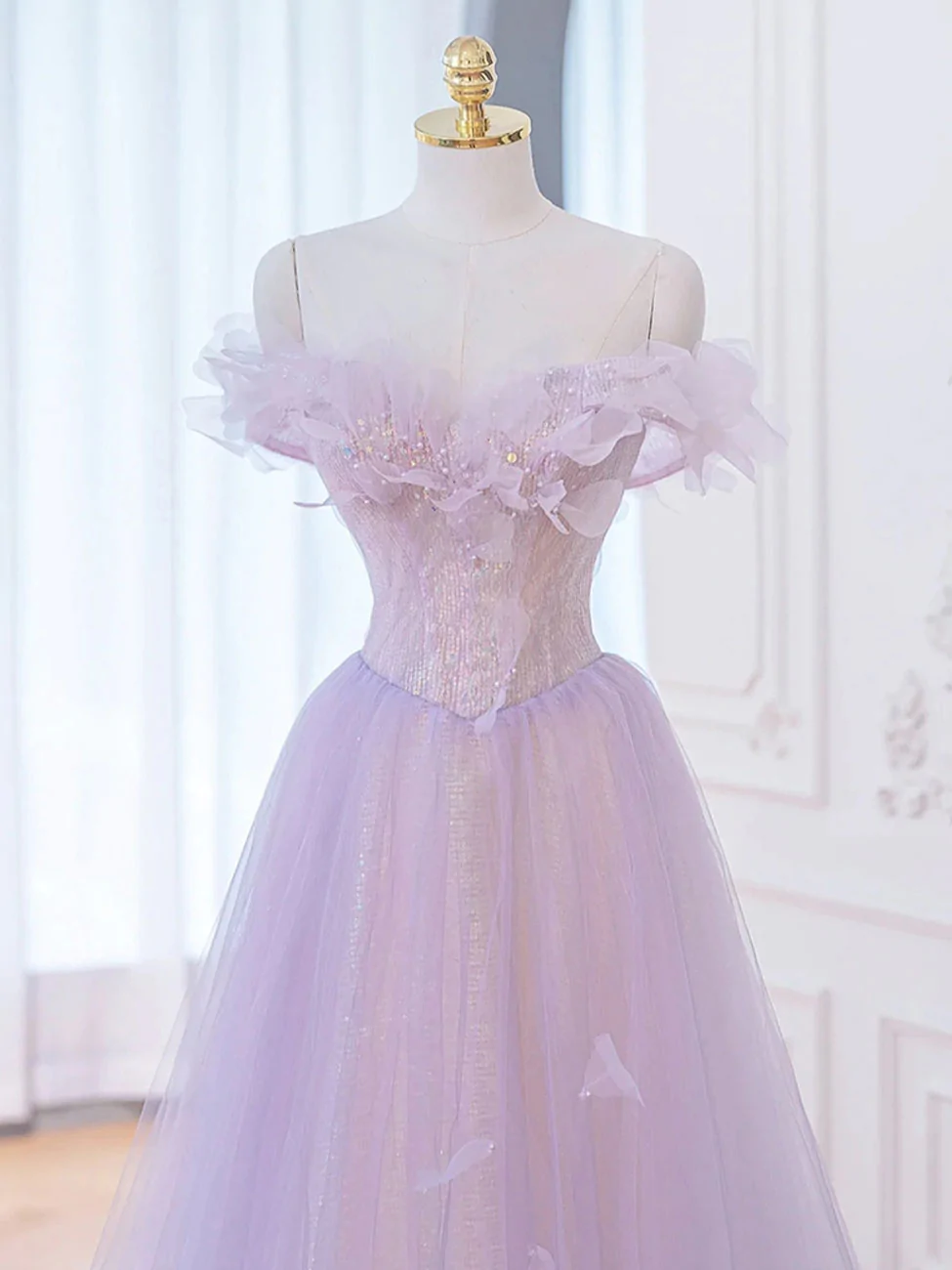Vestido de fiesta largo morado con hombros descubiertos y corte en A, vestidos de noche formales morados Y1783