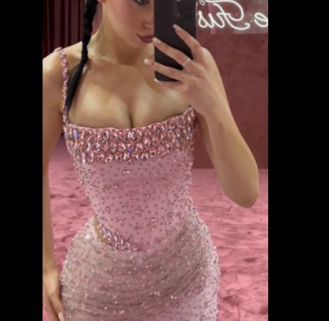 Vestido de noche con cuentas y corte sirena rosa, encantador, con tirantes finos y abertura, largo para fiesta de graduación Y7970