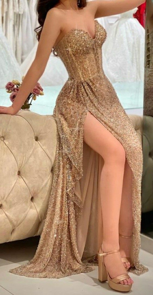 Glänzendes A-Linien-Ballkleid mit Herzausschnitt und Schlitz, bezauberndes Abendkleid Y6646