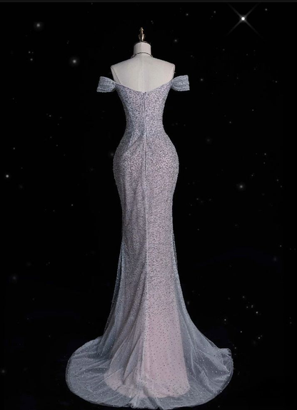 Glitzerndes lila Tüll-Meerjungfrau-Abendkleid mit Perlen, schulterfrei, langes Ballkleid Y8054