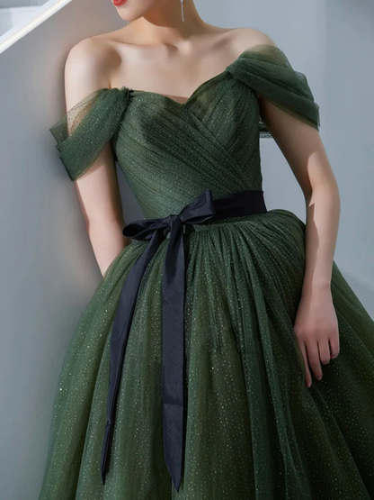 Einfaches langes Ballkleid aus grünem Tüll, Abendkleid aus grünem Tüll Y1554