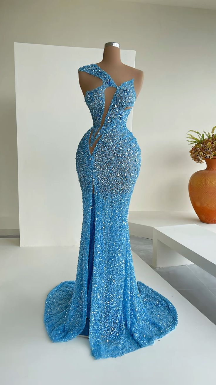 Vestido de noche con lentejuelas de sirena azul de celebridades Y31