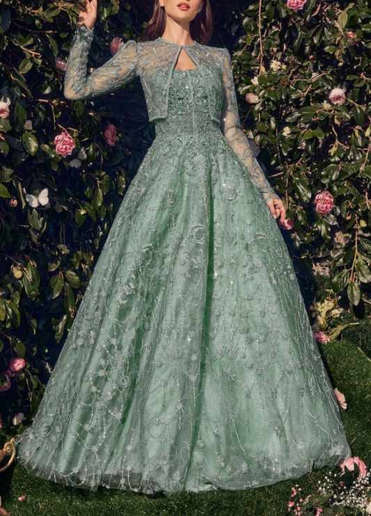 Hermoso vestido de noche formal de tul verde con lentejuelas y cuentas, corte A, vestido de fiesta Y8358