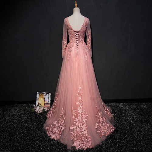 Elegante vestido de fiesta de noche con escote en A y largo hasta el suelo de tul rosa con apliques Y1177
