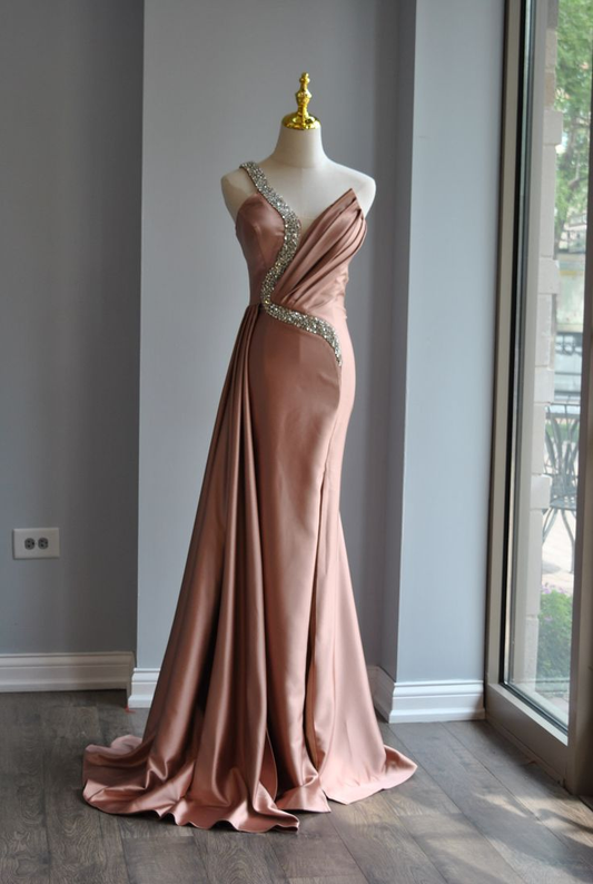Vestido de noche rosa con cuentas de cristal, un hombro, satén, corte sirena, largo, para fiesta, Y8519