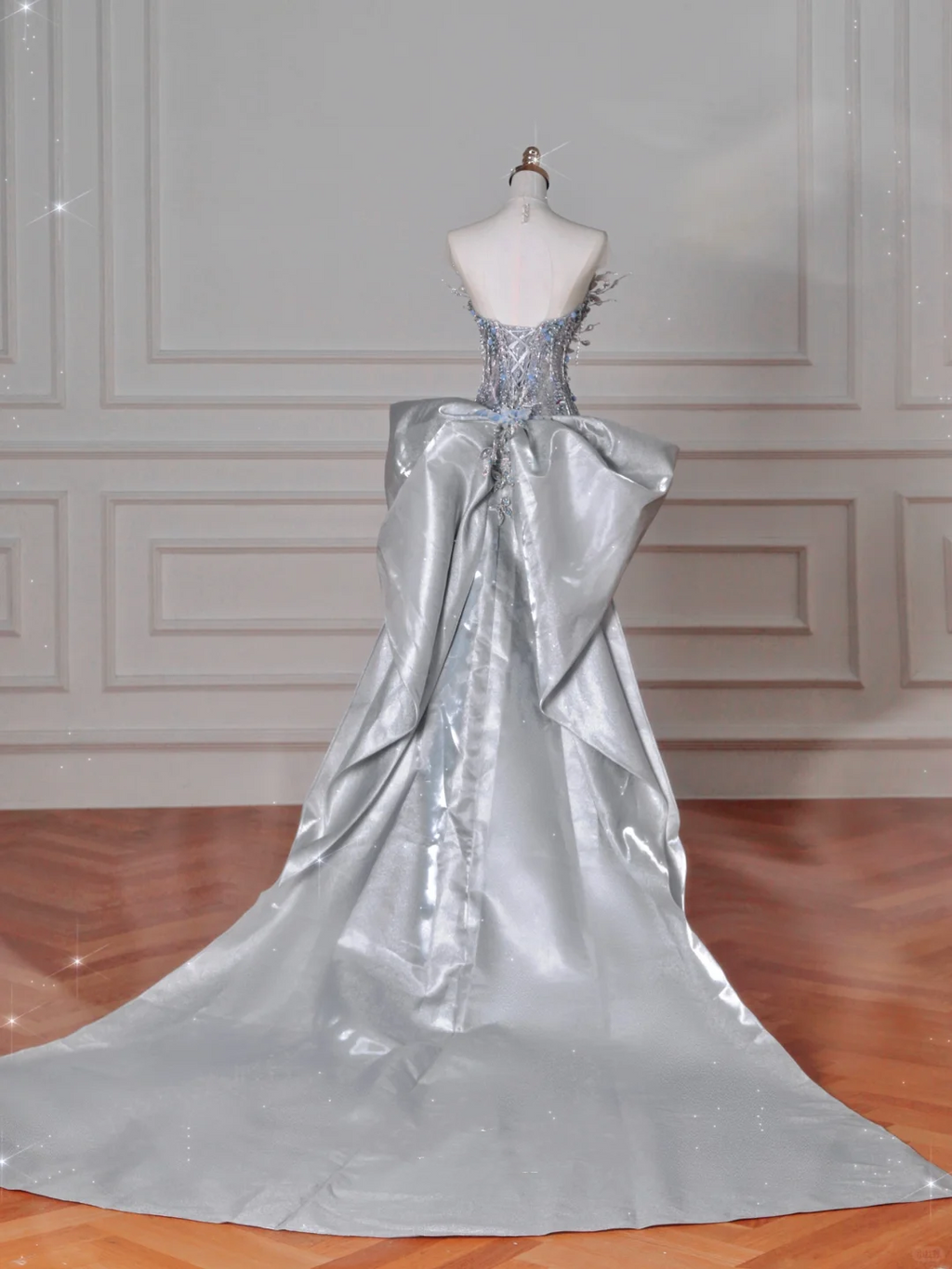 Luxus Silber Pailletten 3D Perlen Meerjungfrau Abendkleid Langes Ballkleid mit Schleife Y8640