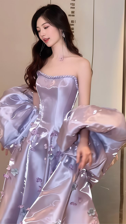 Hübsches lila Satin-Applikationen Ballkleid trägerlos A-Linie Abendkleid Y7903