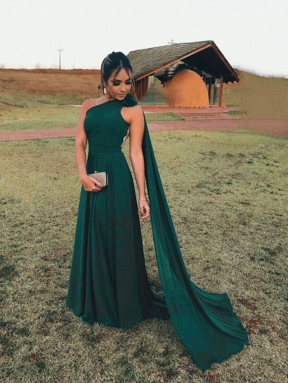 Vestido de noche de gasa verde con un solo hombro Y5774