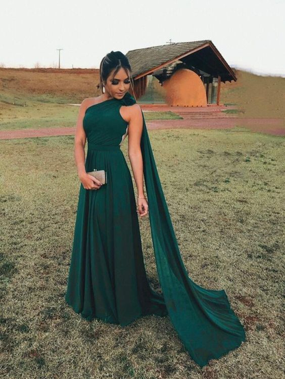 Vestido de noche de gasa verde con un solo hombro Y5774