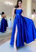 Knöchellanges Satin-Ballkleid/Abendkleid mit A-Linie, quadratischem Ausschnitt und Spaghettiträgern in der Taille Y6219