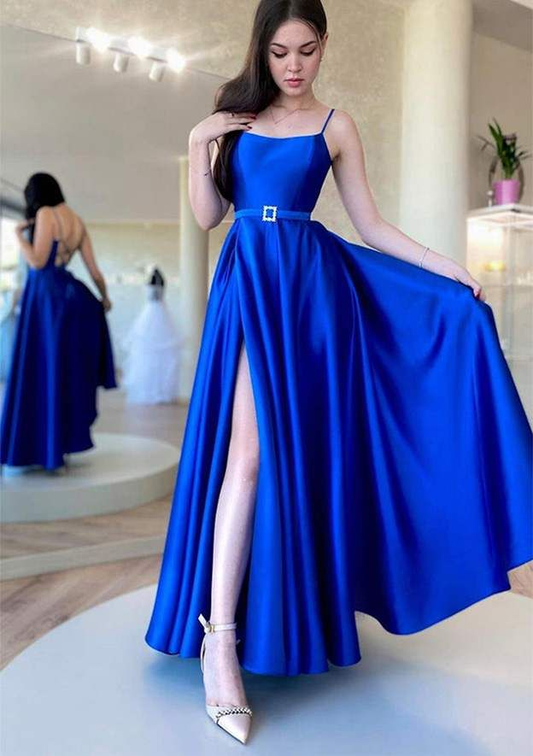Knöchellanges Satin-Ballkleid/Abendkleid mit A-Linie, quadratischem Ausschnitt und Spaghettiträgern in der Taille Y6219
